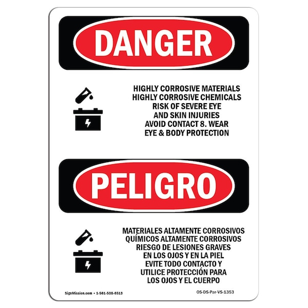 Safety Sign, OSHA Danger, 5" Height, Highly Corrosive Materials Spanish, 10PK